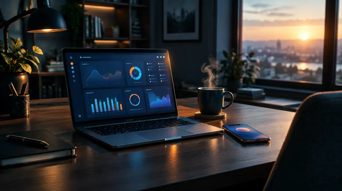Schreibtisch am frühen Morgen mit Laptop-Dashboard, Kaffeetasse und Smartphone: Claude Funktionen arbeiten schon