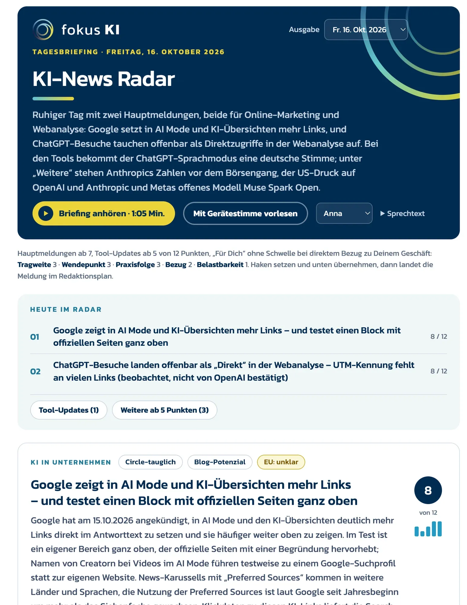 Claude Funktionen im Einsatz: KI-News-Briefing aus einer geplanten Aufgabe, mit Audio-Zusammenfassung