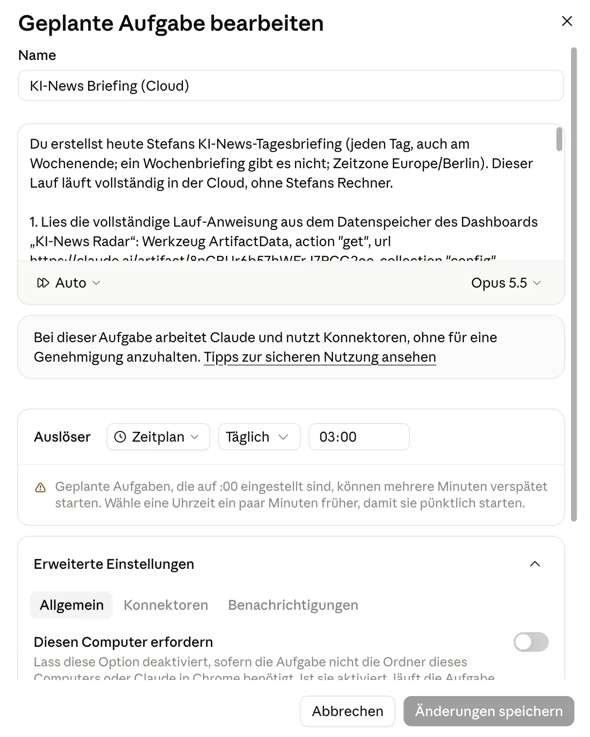 Claude Funktion „Geplante Aufgaben“: Das KI-News-Briefing läuft in der Cloud, täglich um 3:00 Uhr per Zeitplan