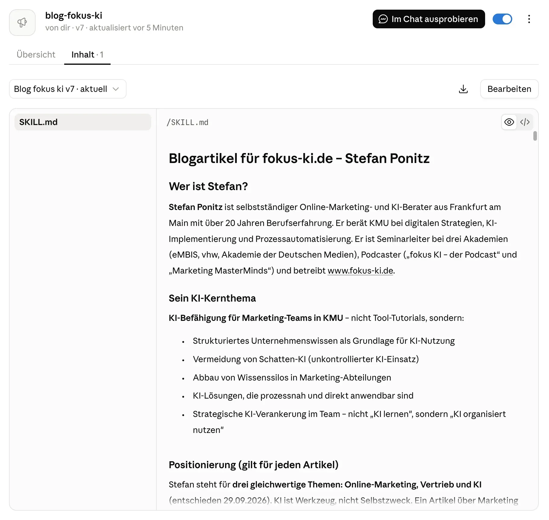 Claude Funktion „Skills“: eigener Skill blog-fokus-ki, eingeschaltet, mit der Anleitung in SKILL.md