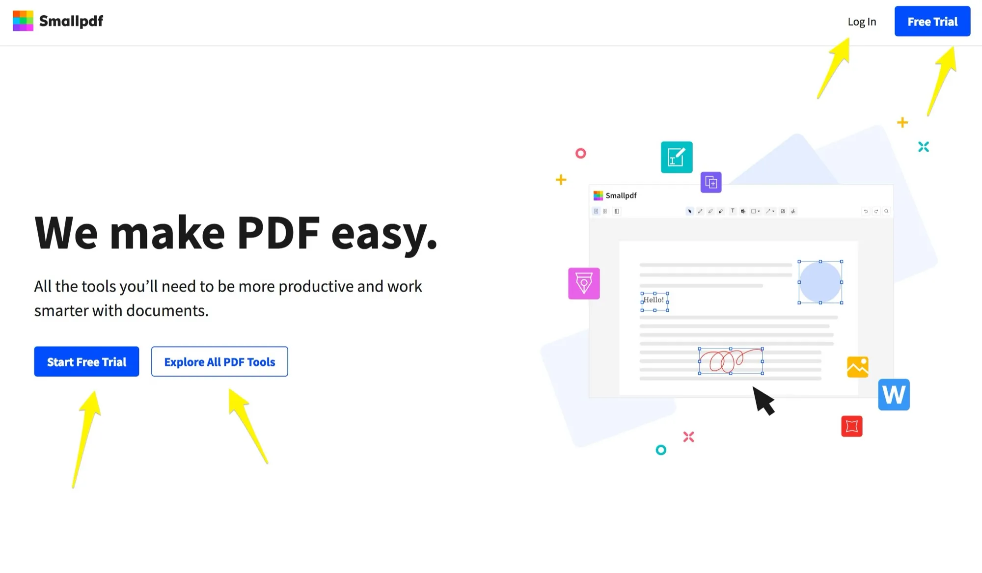 Conversion-Optimierung, Beispiel Smallpdf: Pfeile markieren die Call-to-Action-Buttons auf der Startseite