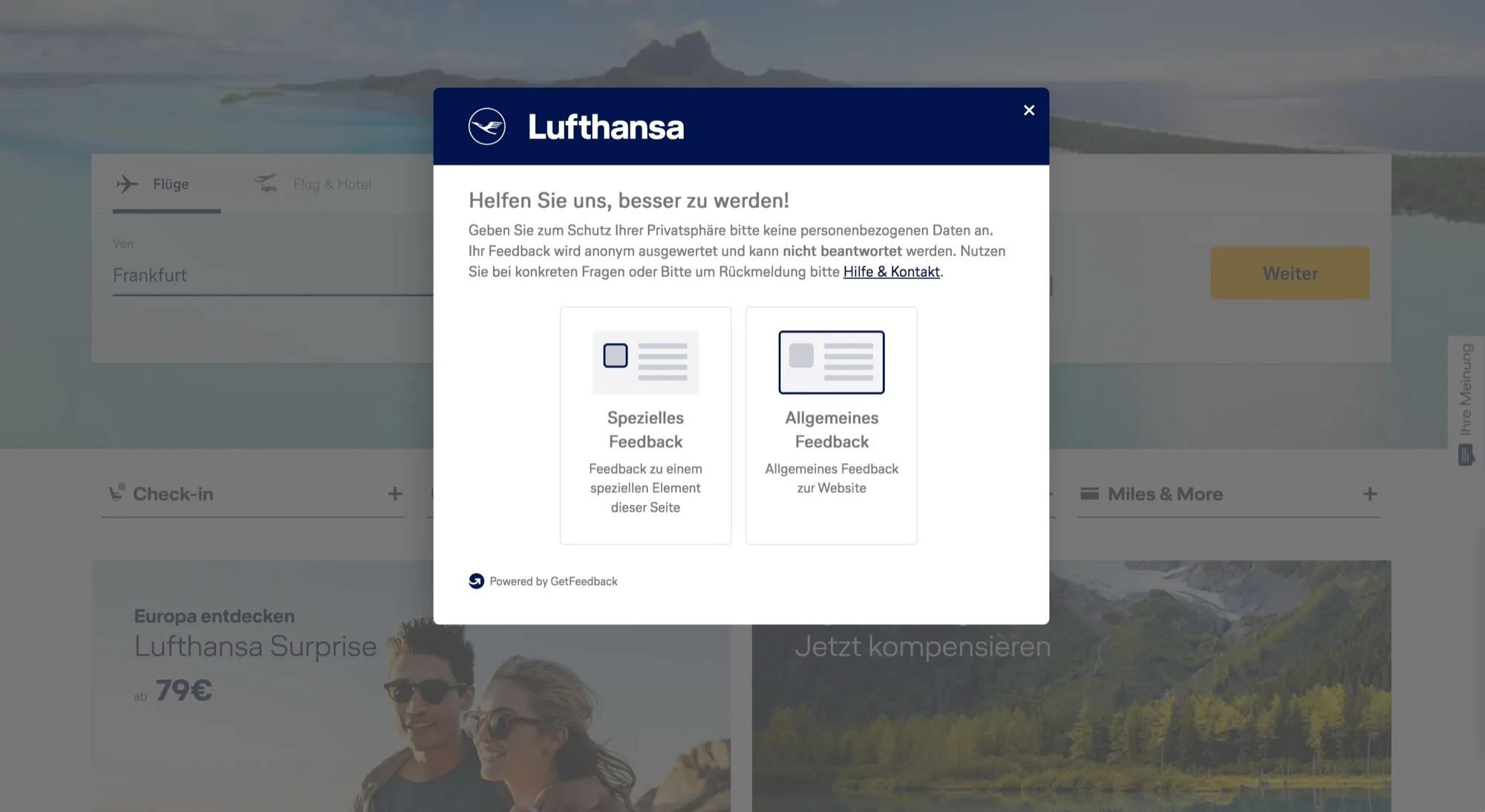 Conversion-Optimierung, Beispiel Lufthansa: Feedback-Fenster fragt Besucher nach Verbesserungen der Website