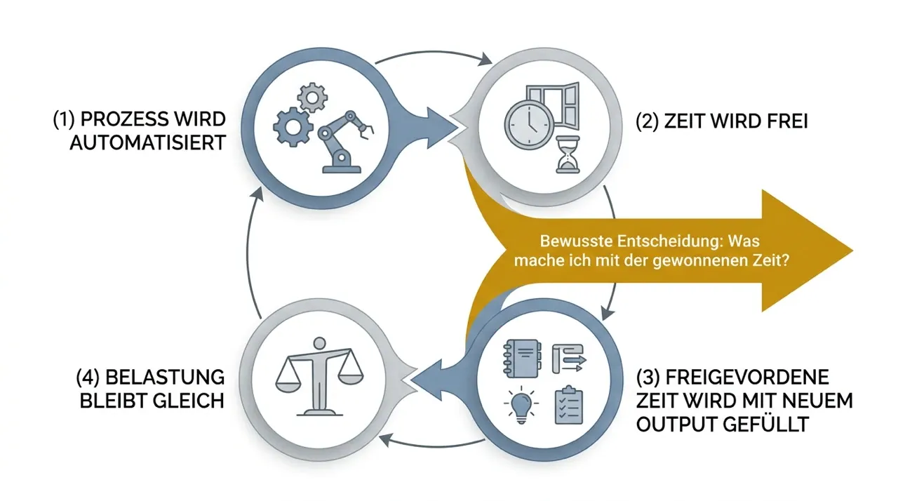 Kreislauf des Automationsreflexes: Prozess wird automatisiert, Zeit wird frei, neuer Output füllt sie, die Belastung bleibt gleich