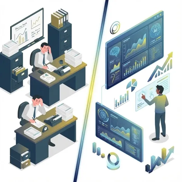 Illustration: links Mitarbeitende zwischen Aktenbergen, rechts KI-Analysen auf Dashboards als Entscheidungsgrundlage