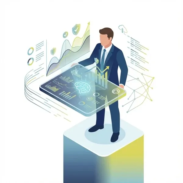 Illustration: Mann im Anzug steuert ein KI-Dashboard mit Kennzahlen und Analysen