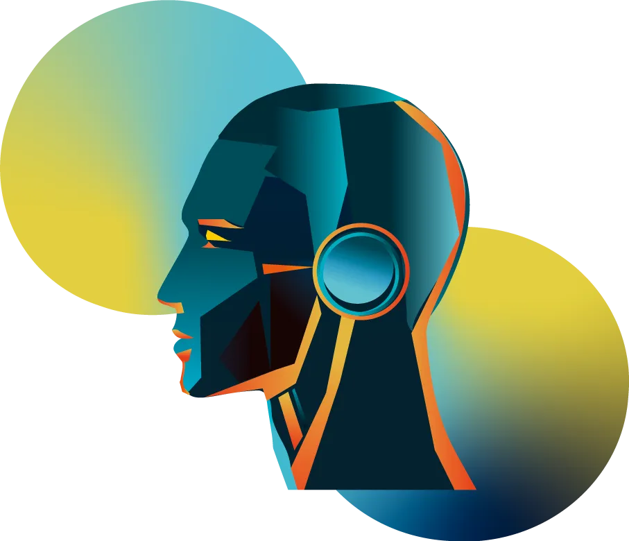 Illustration eines Roboterkopfs im Profil vor gelb-blauen Kreisen, Symbol für künstliche Intelligenz im Team