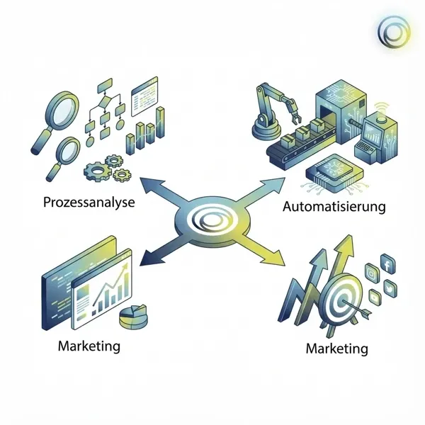 Illustration: KI im Unternehmen als Ausgangspunkt für Prozessanalyse, Automatisierung und Marketing