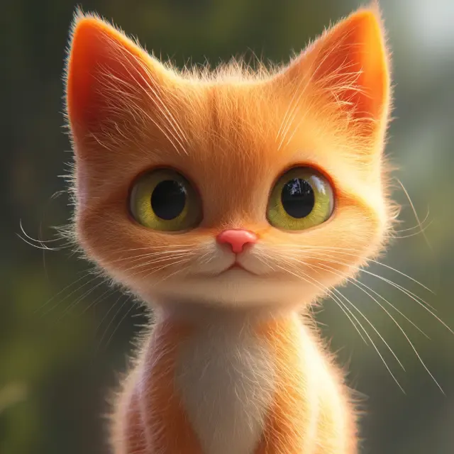 KI-Bild im Bildtyp 3D-Grafik: rote Katze mit großen grünen Augen im Animationsfilm-Look