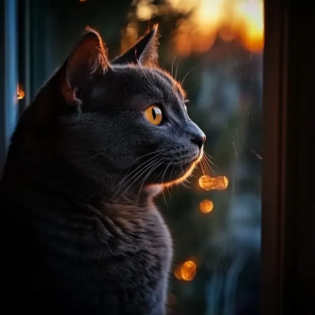KI-Bild mit Tageszeit abends: graue Katze am Fenster, dahinter Abendrot und Lichter
