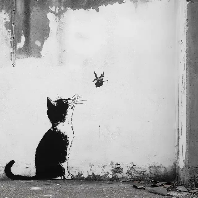 KI-Bild im Stil von Banksy: schwarze Schablonen-Katze an einer verwitterten Wand, die einem Insekt nachschaut