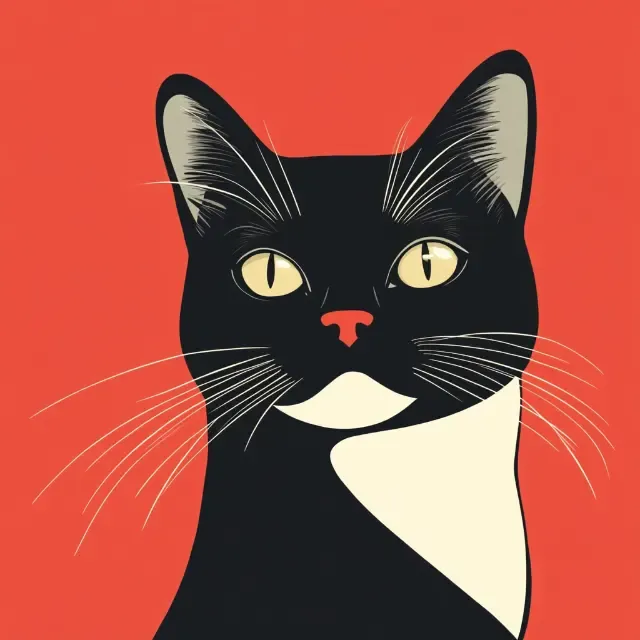 KI-Bild im Bildtyp Illustration: flache Grafik einer schwarz-weißen Katze vor rotem Hintergrund