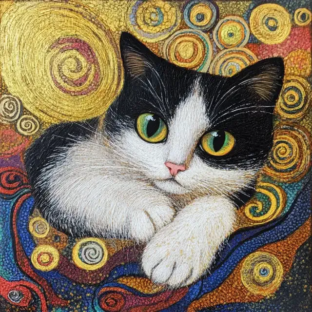 KI-Bild im Stil von Gustav Klimt: Katze zwischen goldenen Spiralen und Ornamenten
