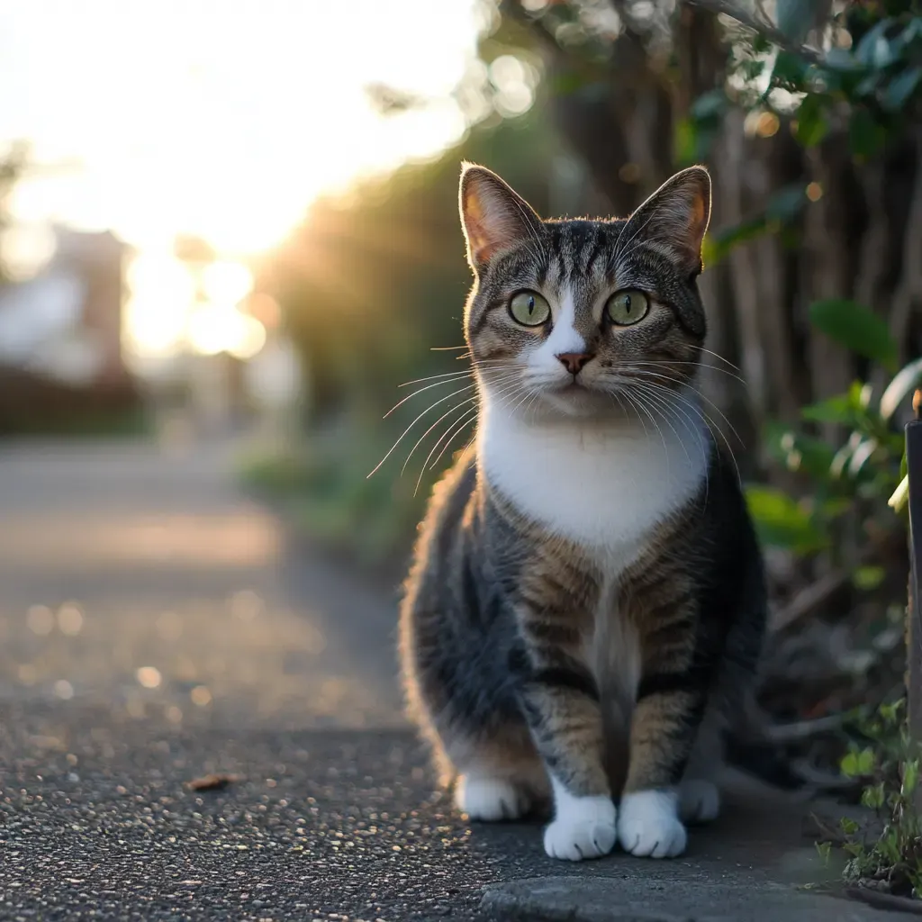 KI-Bild mit Tageszeit mittags: Katze auf einem Gehweg, helles Gegenlicht