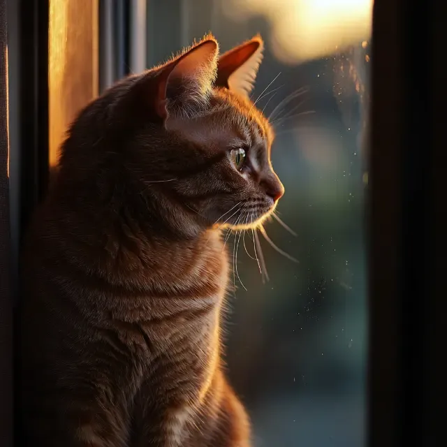 KI-Bild mit Tageszeit morgens: Katze am Fenster im ersten warmen Sonnenlicht