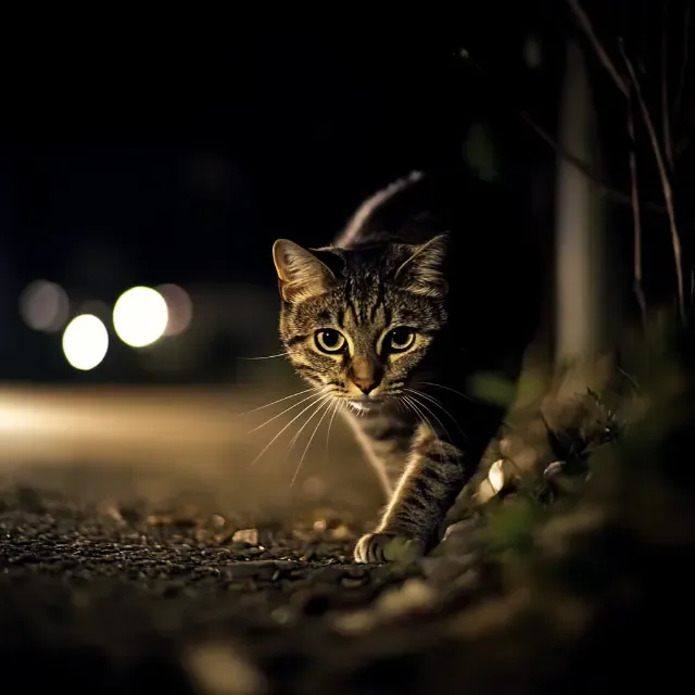 KI-Bild mit Tageszeit nachts: Katze schleicht über eine dunkle Straße, Scheinwerfer im Hintergrund