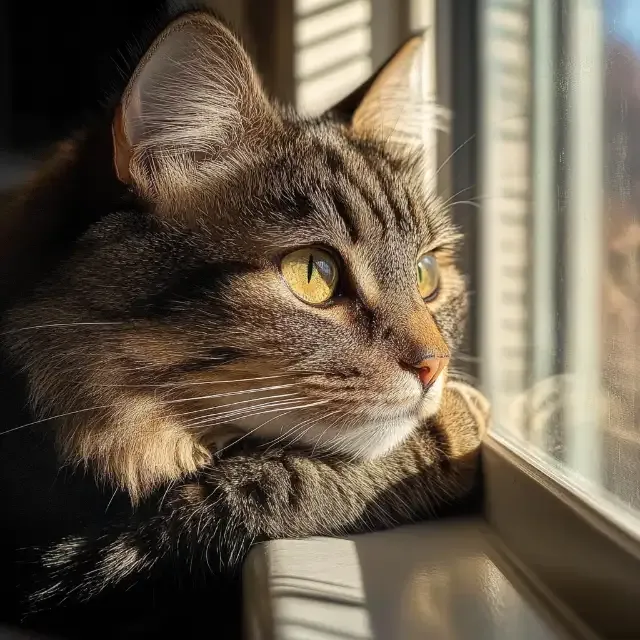 KI-Bild mit Perspektive auf Augenhöhe: Katze liegt am Fensterbrett und schaut hinaus