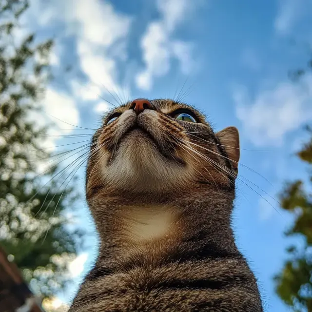 KI-Bild aus der Froschperspektive: Katze von unten vor blauem Himmel