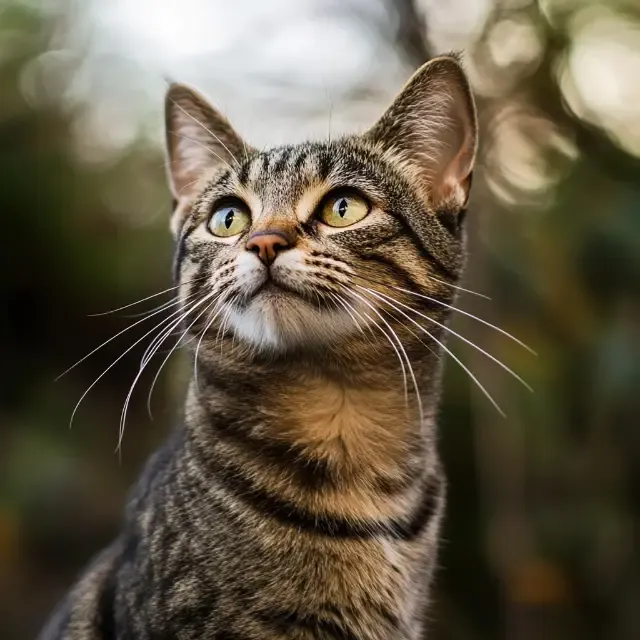 KI-Bild im Bildtyp Foto: getigerte Katze blickt nach oben, Hintergrund unscharf (Midjourney)