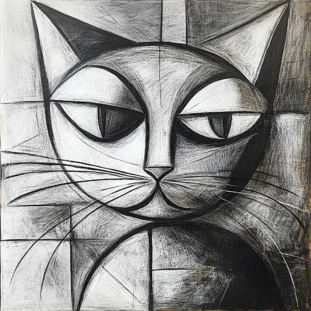 KI-Bild im Stil von Picasso: kubistisch zerlegter Katzenkopf in Schwarz-Weiß