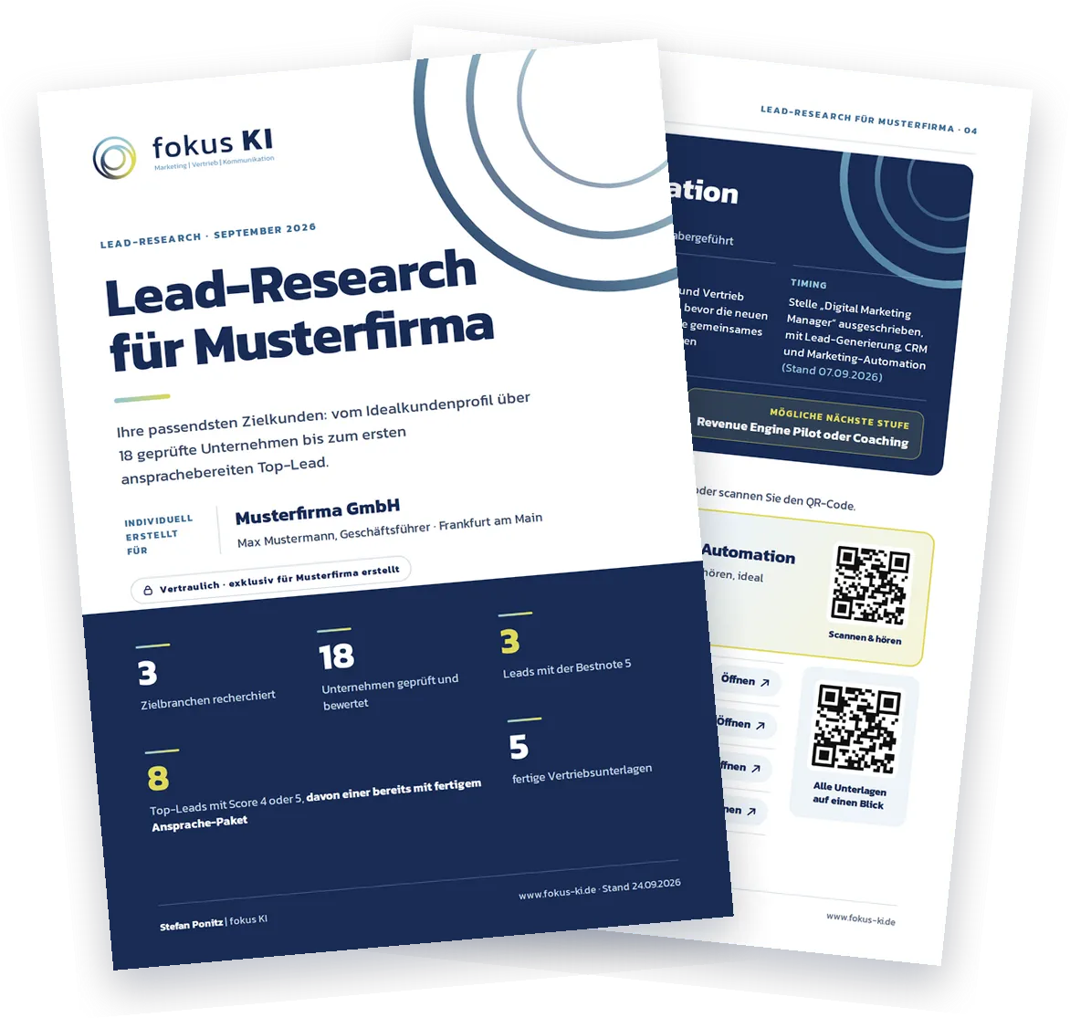 Beispiel eines Ergebnis-Dossiers: Titelseite „Lead-Research für Musterfirma“ und eine Seite mit Top-Lead und Vertriebsunterlagen