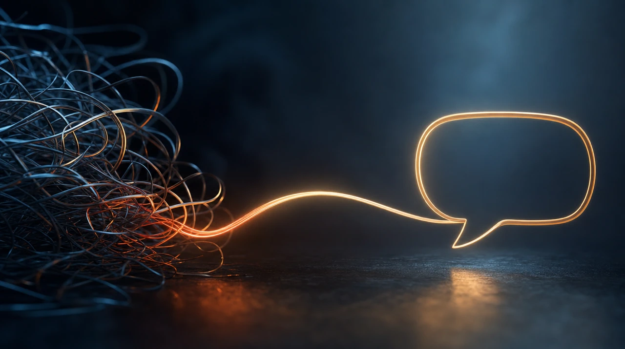 konversationelle-sprache-ki-sichtbarkeit. Klare Linie löst sich aus einem Linienknäuel und mündet in eine Sprechblase – Sinnbild für konversationelle Sprache